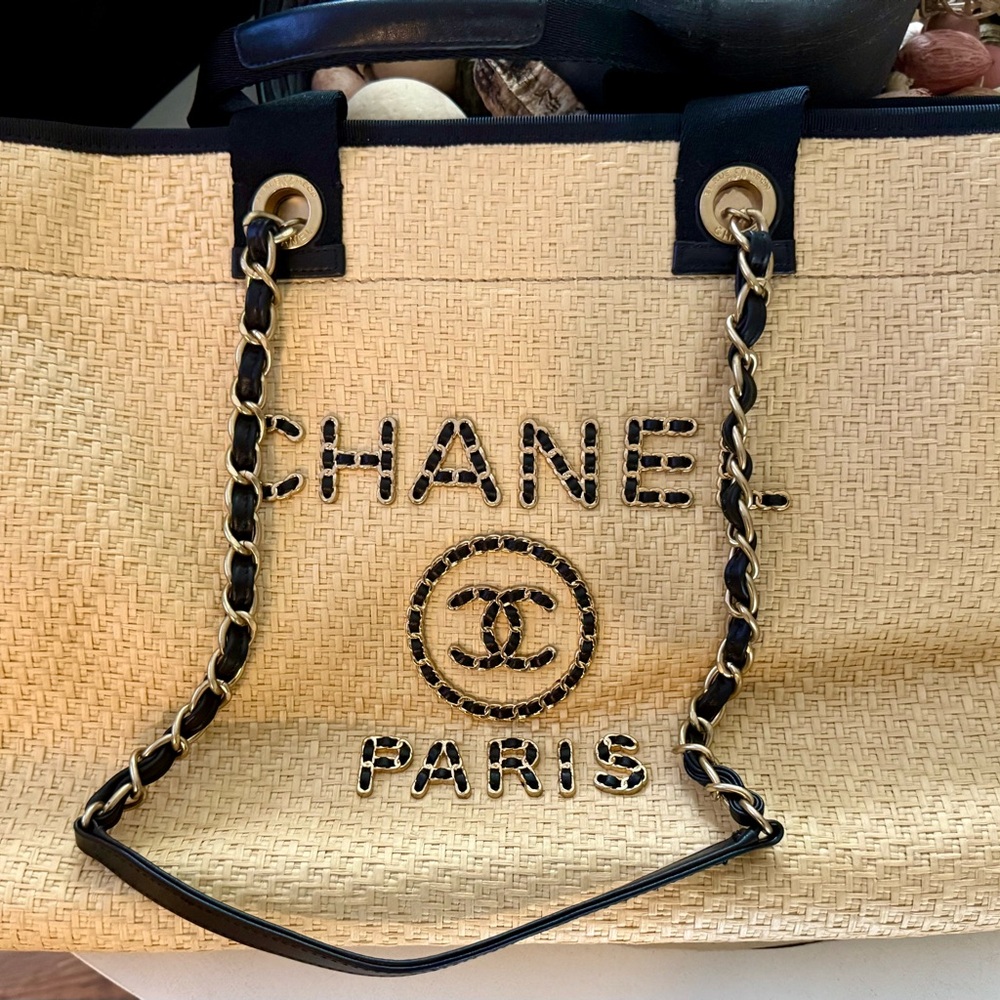 One to One Match CHANEL Cream and Black Tote with Gold Chain Straps Rep